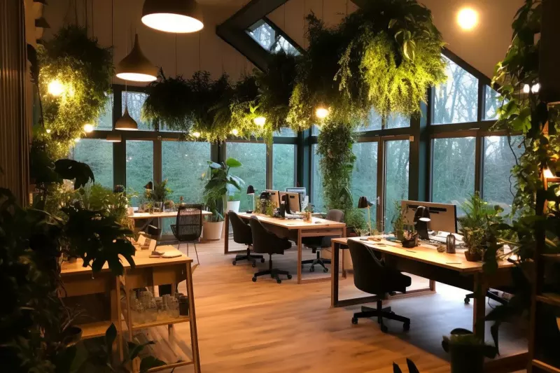 Aménagement de bureau avec un plafond végétal